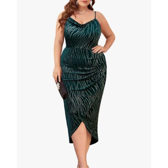 NEW Lime Green Cocktail Sequin Ruched Bodycon Formal Prom Dress 16W - Picture 5 of 8